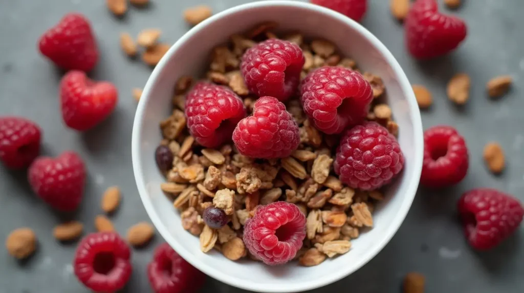 Delicious muesli with raspberries in a bowl