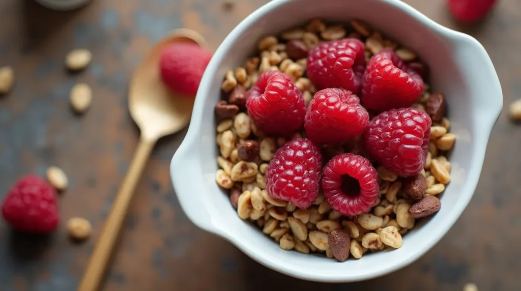 Delicious muesli with raspberries in a bowl