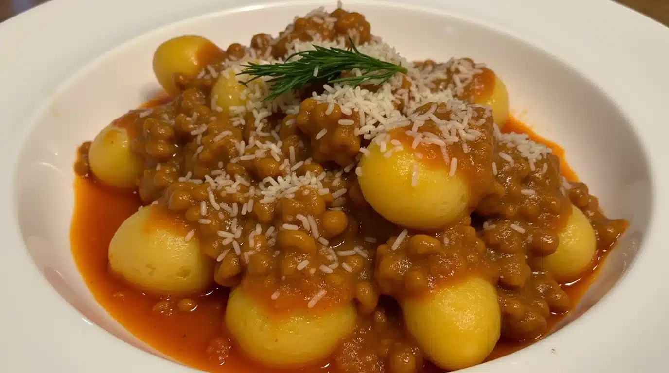 Outside In Gnocchi with Meat Sauce served in a bowl.