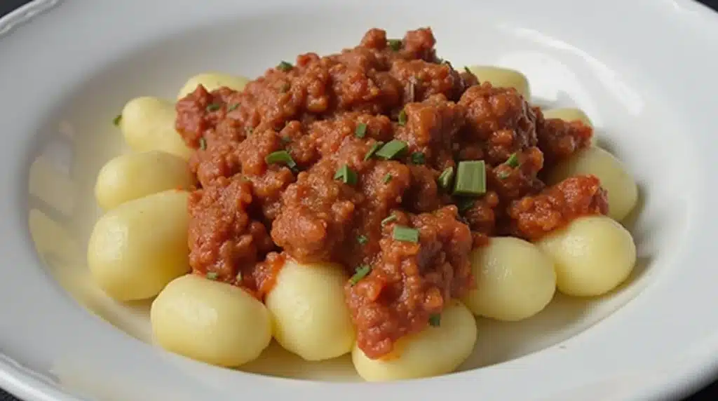 Outside In Gnocchi with Meat Sauce served in a bowl.