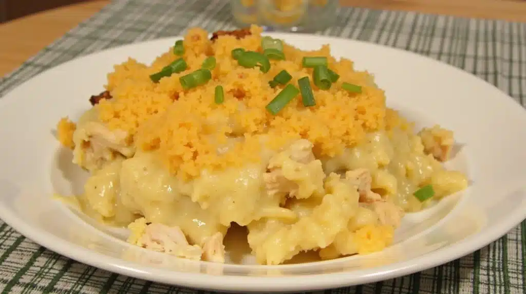 Delicious Ritz Cracker Chicken Casserole with golden-brown topping.