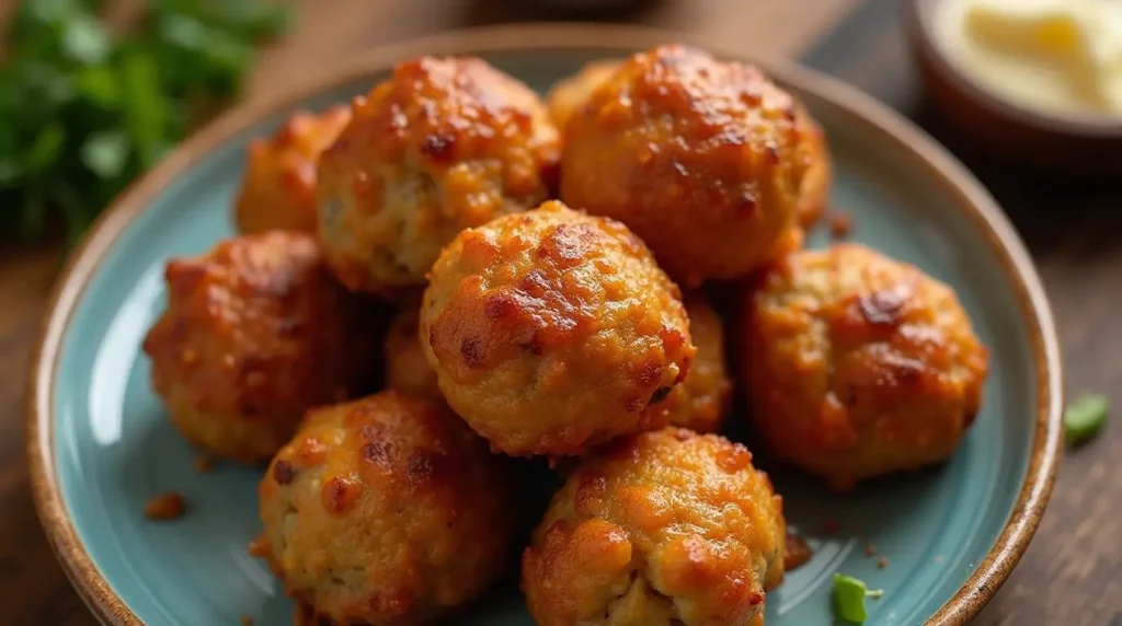 Close-up of homemade sausage balls without Bisquick recipe.