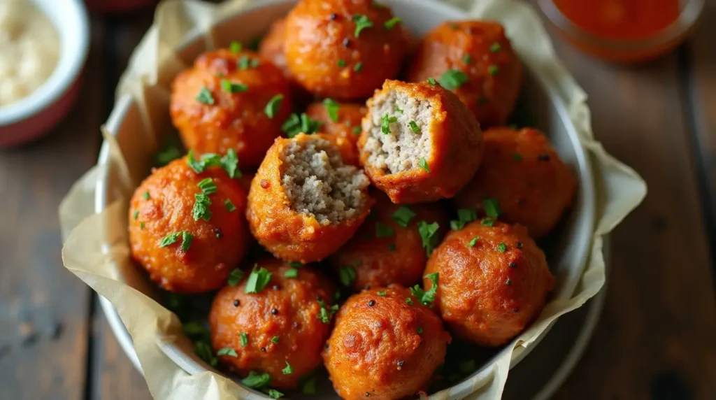 Close-up of homemade sausage balls without Bisquick recipe.