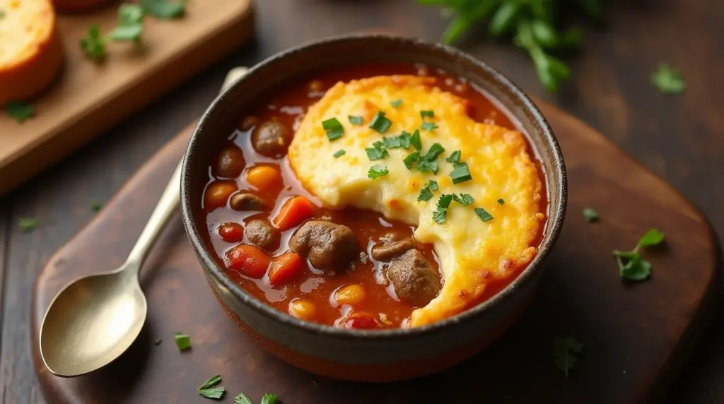 Bowl of warm shepherd's pie soup with potatoes.