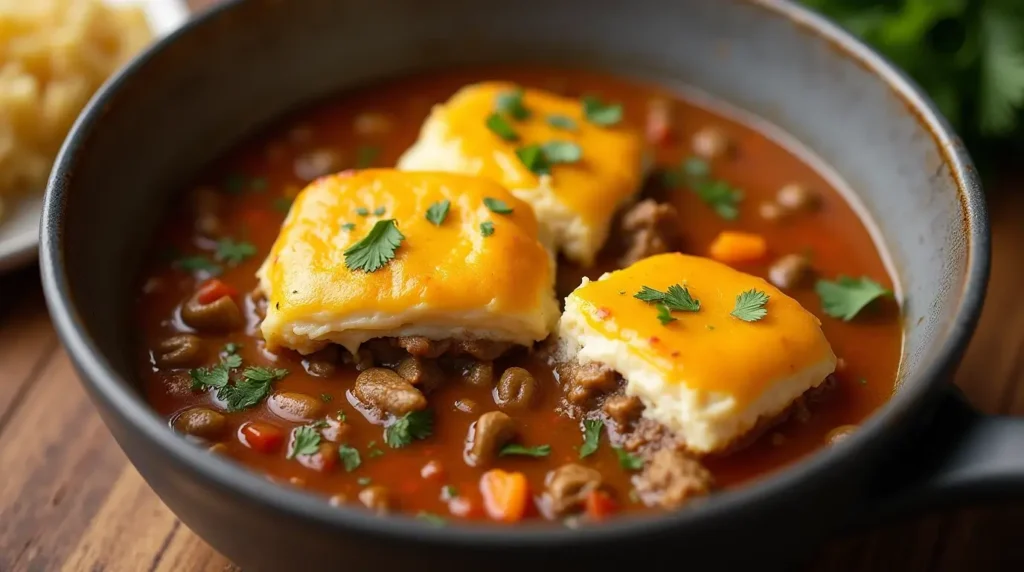 Bowl of warm shepherd's pie soup with potatoes.