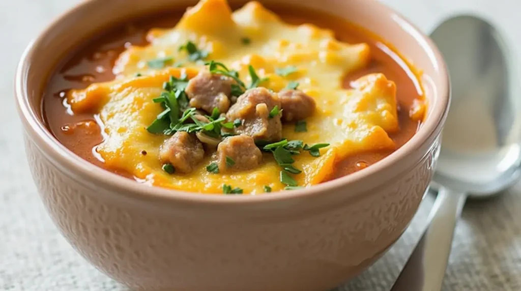 Bowl of warm shepherd's pie soup with potatoes.