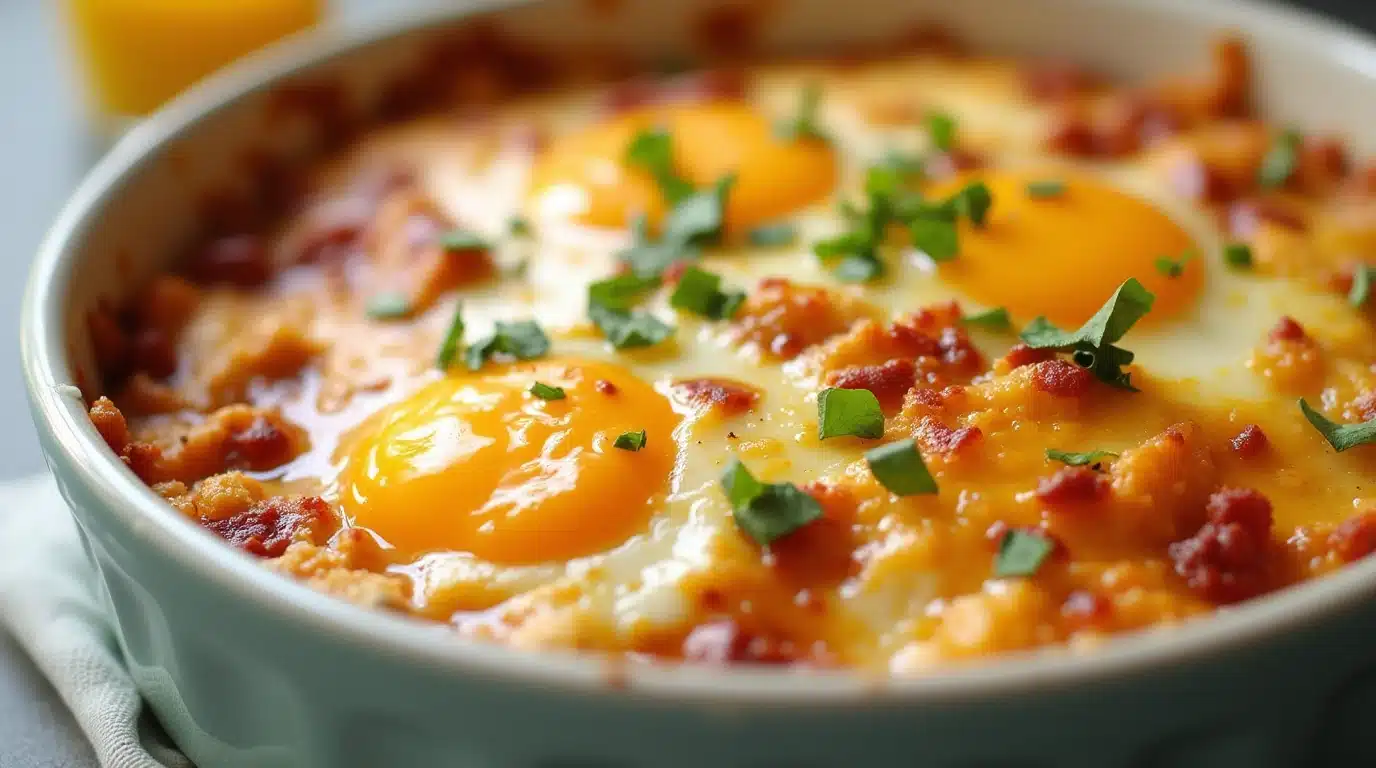 Delicious breakfast casserole with cream cheese served on a plate.