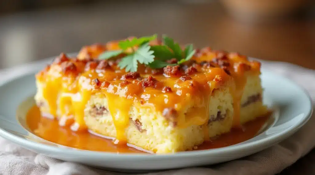 Delicious breakfast casserole with cream cheese served on a plate.