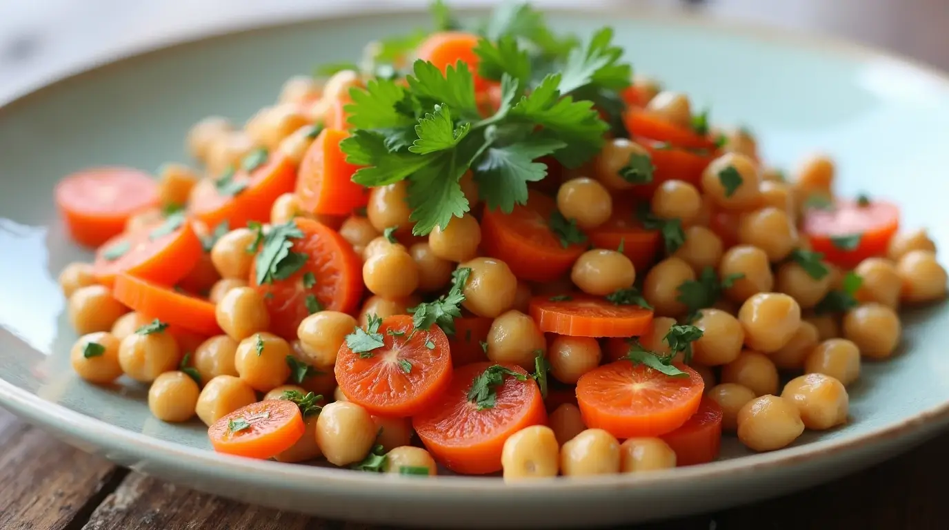 A close-up shot of carrot and chickpea salad with parsley lemon in a bowl.