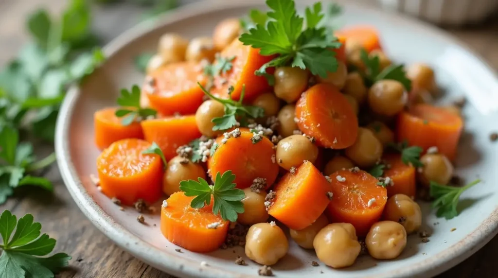 A close-up shot of carrot and chickpea salad with parsley lemon in a bowl.