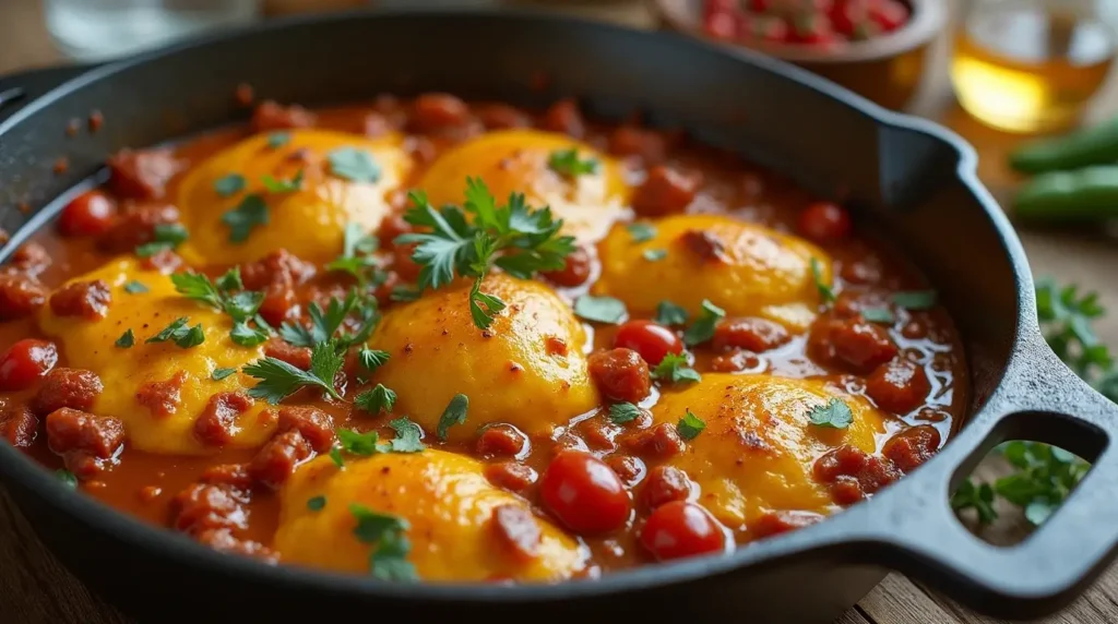 Delicious homemade cattle drive casserole, served warm.