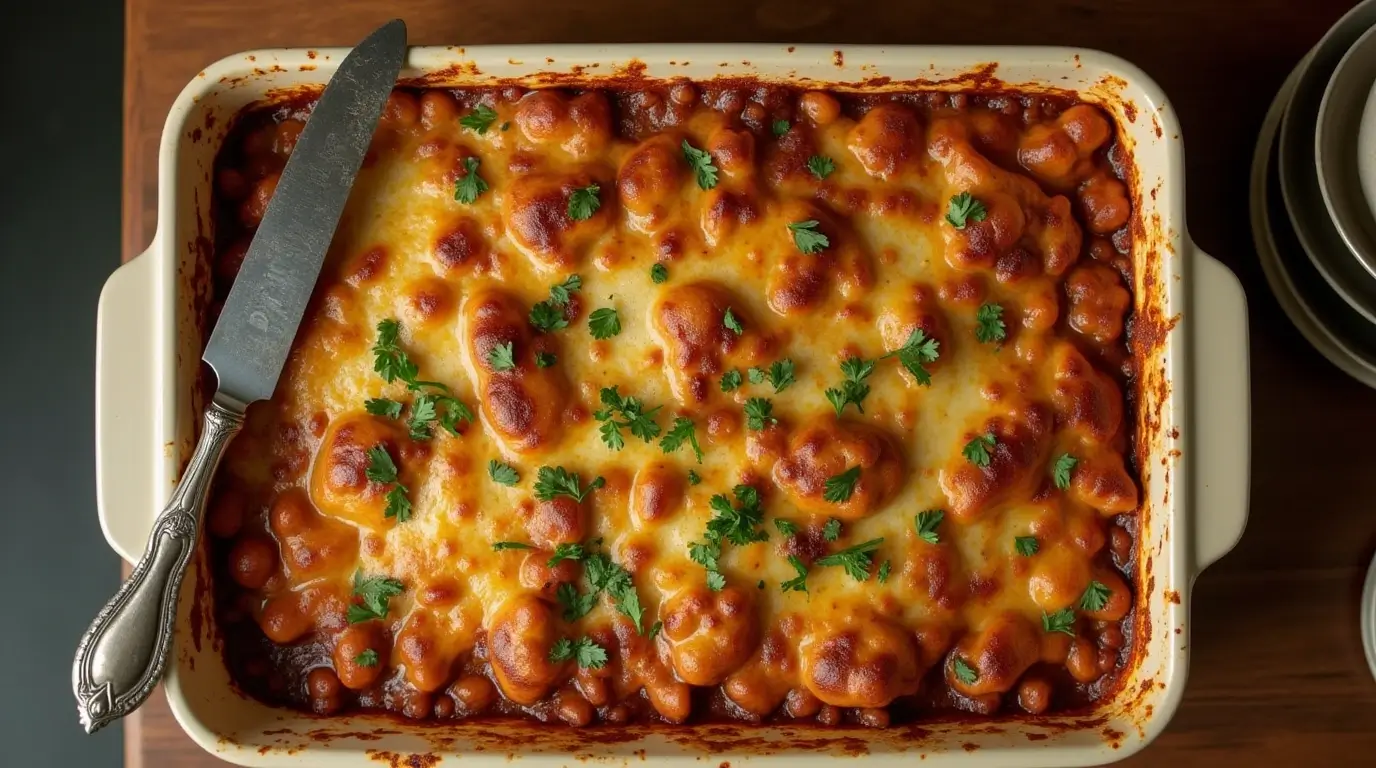 Delicious homemade cattle drive casserole, served warm.