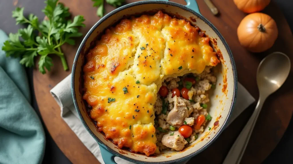 Golden-brown chicken shepherd's pie freshly baked.