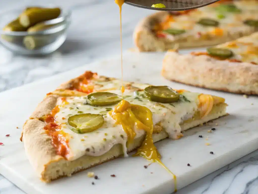 showing layers (crust/cream cheese/pickles/cheddar). Pickle juice drizzle dripping. Shallow depth of field