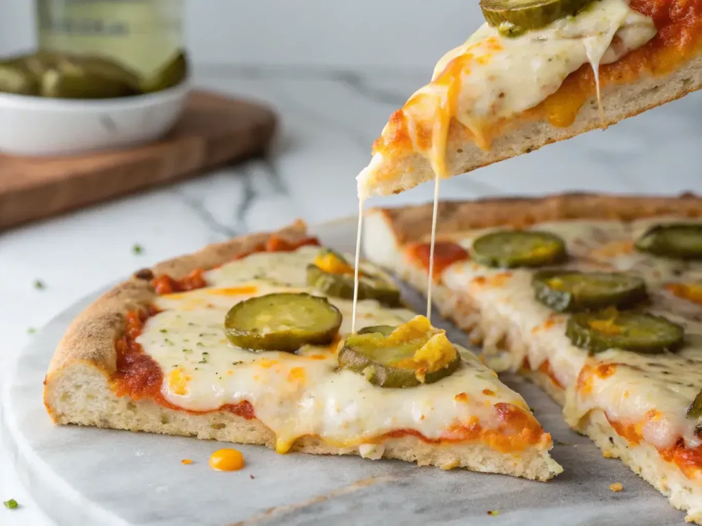 showing layers (crust/cream cheese/pickles/cheddar). Pickle juice drizzle dripping. Shallow depth of field, marble background