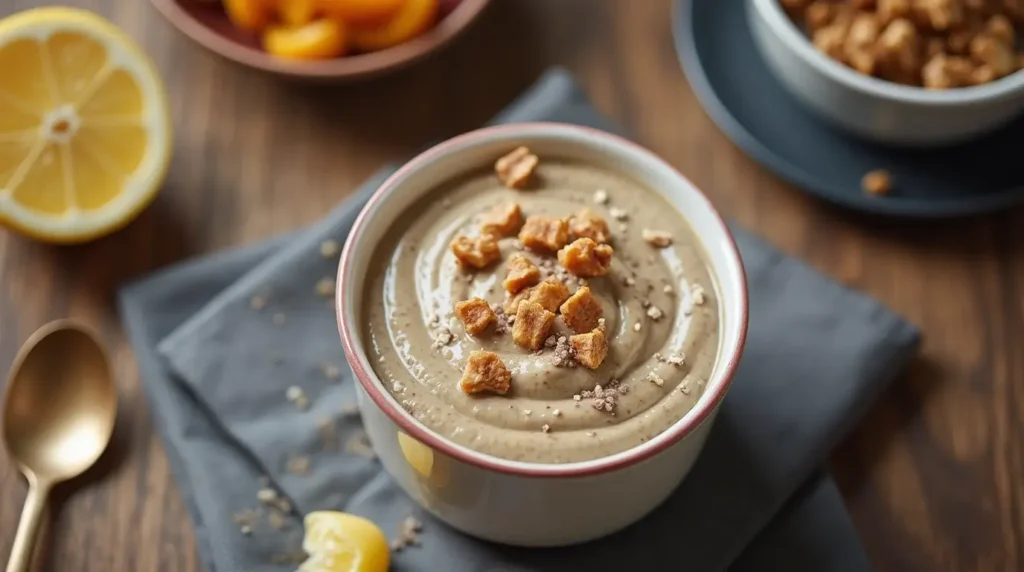 A bowl of coffee chia protein pudding with toppings, including fruit and nuts.