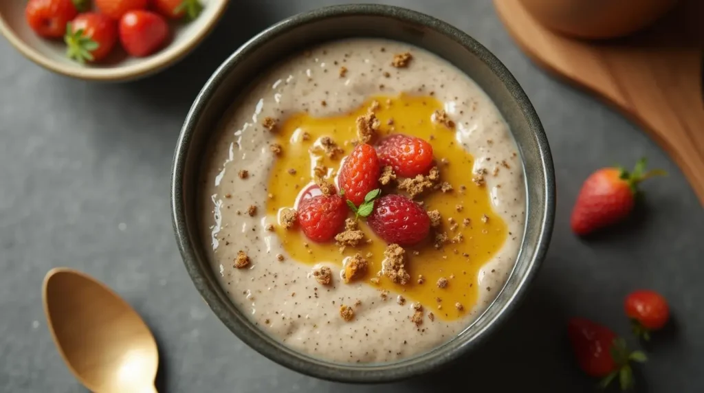 A bowl of coffee chia protein pudding with toppings, including fruit and nuts.