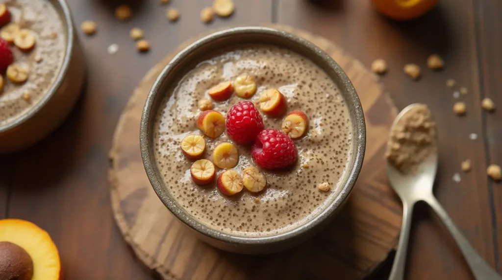 A bowl of coffee chia protein pudding with toppings, including fruit and nuts.