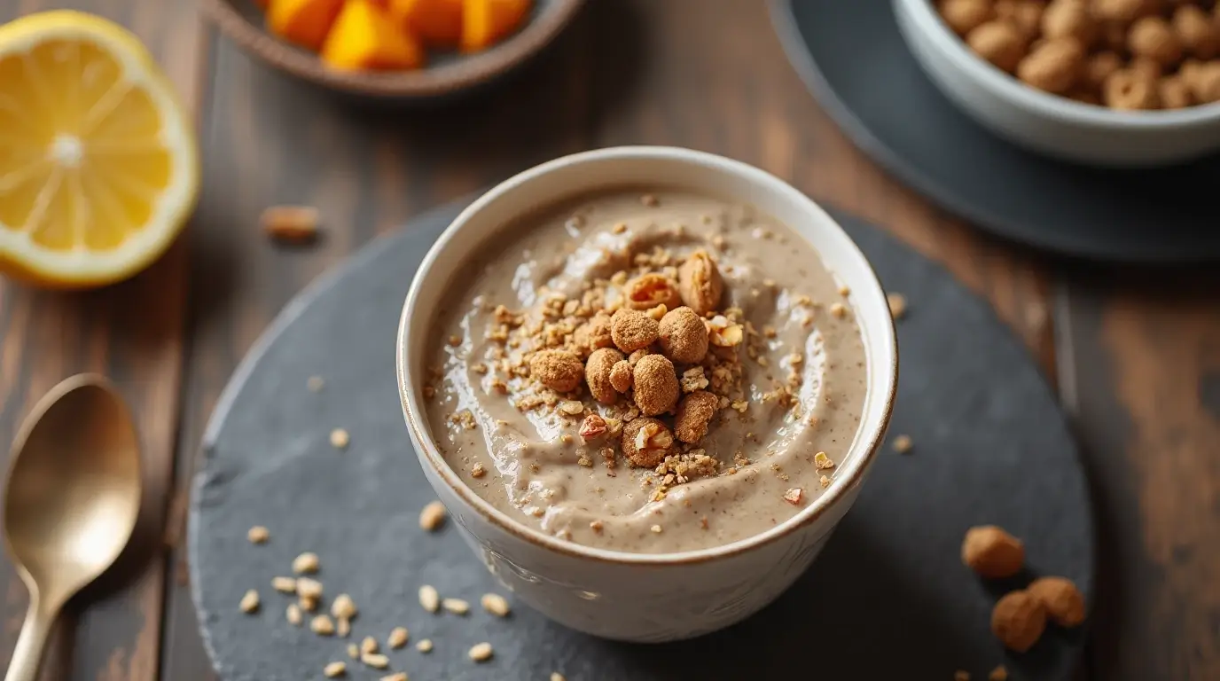 A bowl of coffee chia protein pudding with toppings, including fruit and nuts.