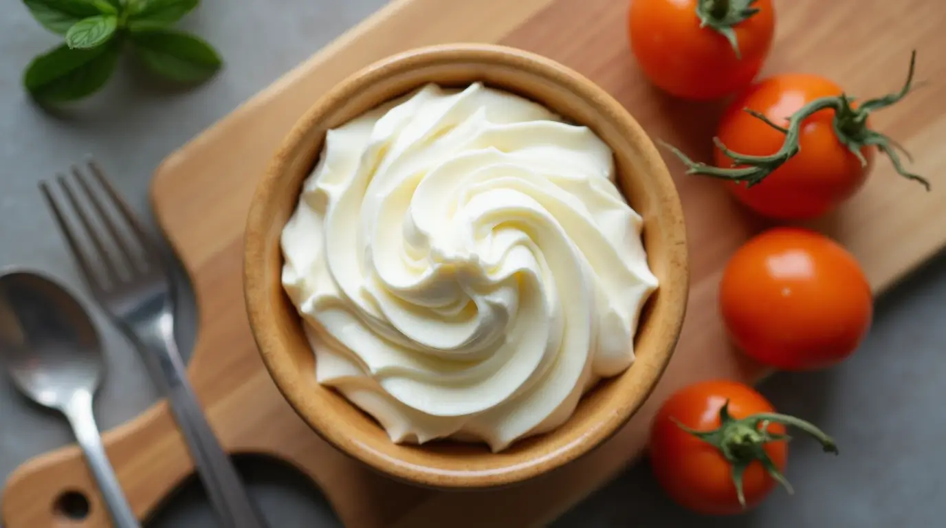 Close-up of fresh cream cheese in a kitchen setting.