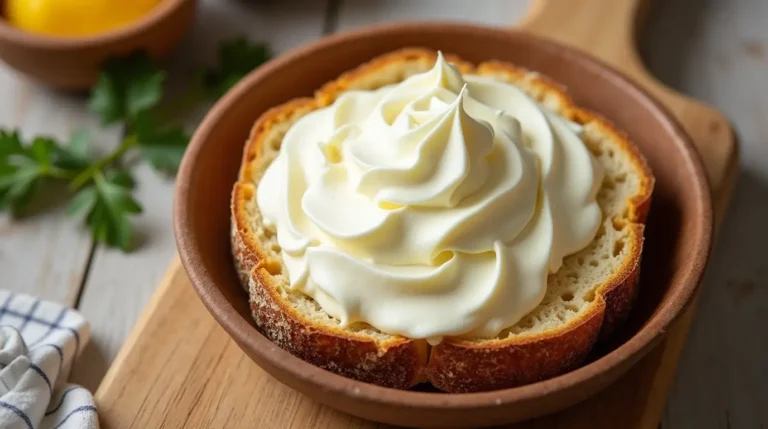 Close-up of fresh cream cheese in a kitchen setting.