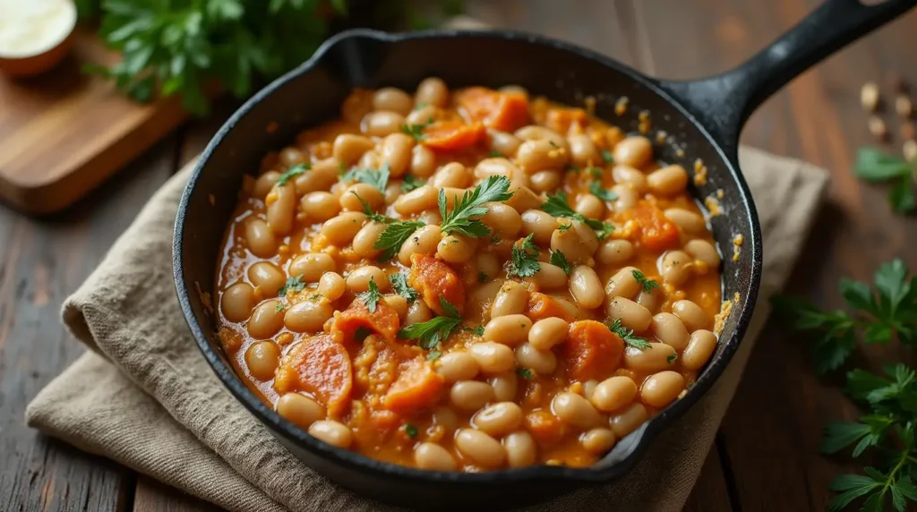 Delectable creamy Tuscan white bean skillet with fresh herbs, ready to be served.