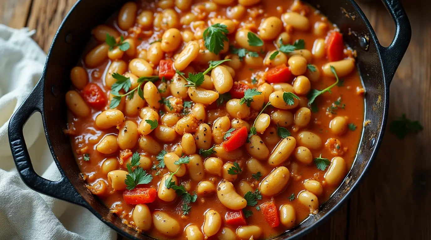 Delectable creamy Tuscan white bean skillet with fresh herbs, ready to be served.