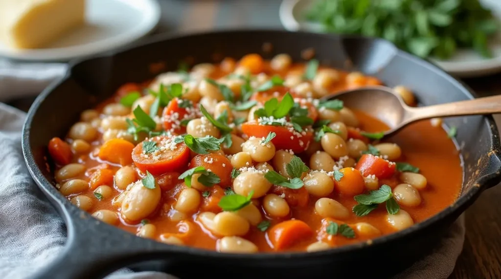 Delectable creamy Tuscan white bean skillet with fresh herbs, ready to be served.