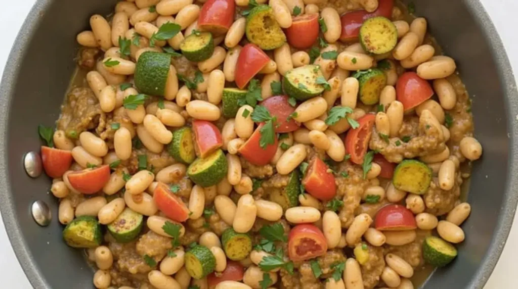 Delectable creamy Tuscan white bean skillet with fresh herbs, ready to be served.