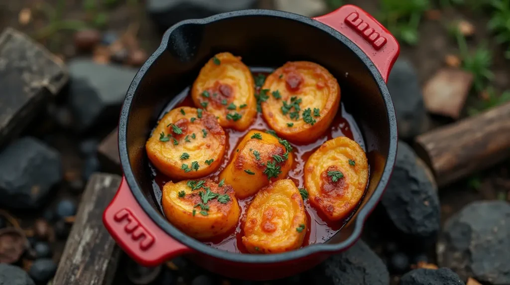 Dutch oven camping recipe, close-up shot.