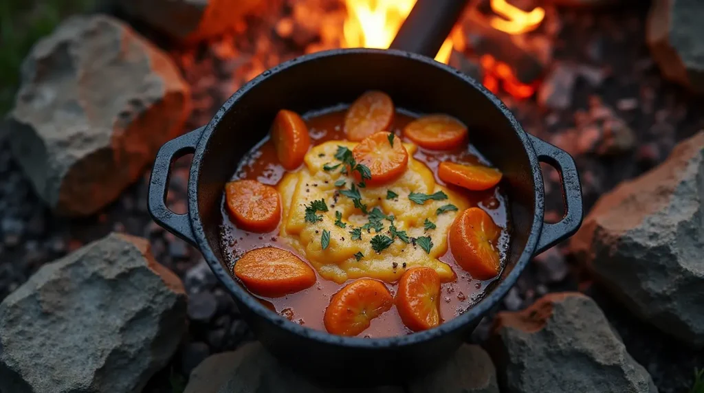 Dutch oven camping recipe, close-up shot.