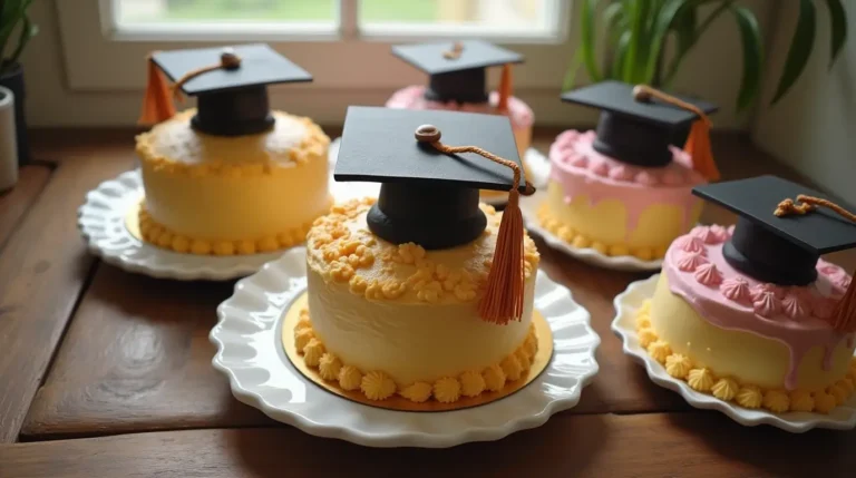 A beautifully decorated graduation cake with a graduation cap on top.