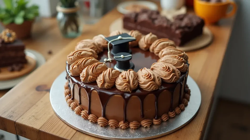 A beautifully decorated graduation cake with a graduation cap on top.