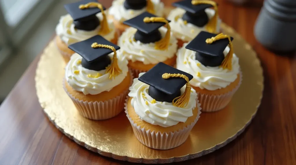 A beautifully decorated graduation cake with a graduation cap on top.