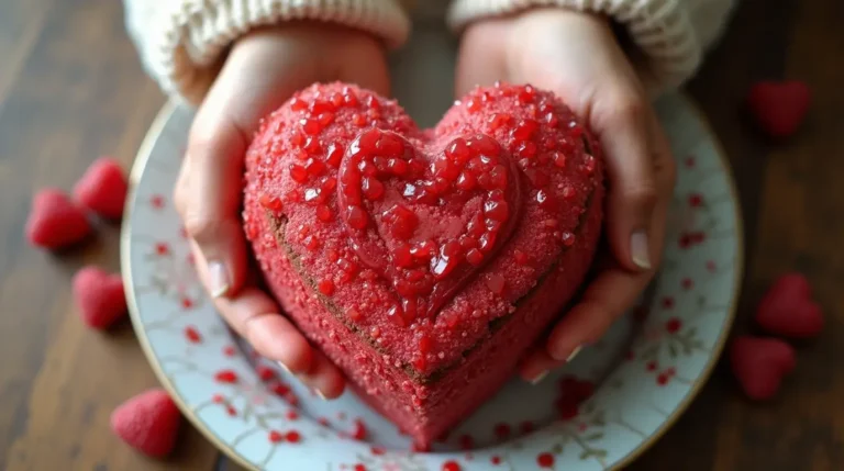 A beautifully frosted heart shaped cake on a white cake stand.