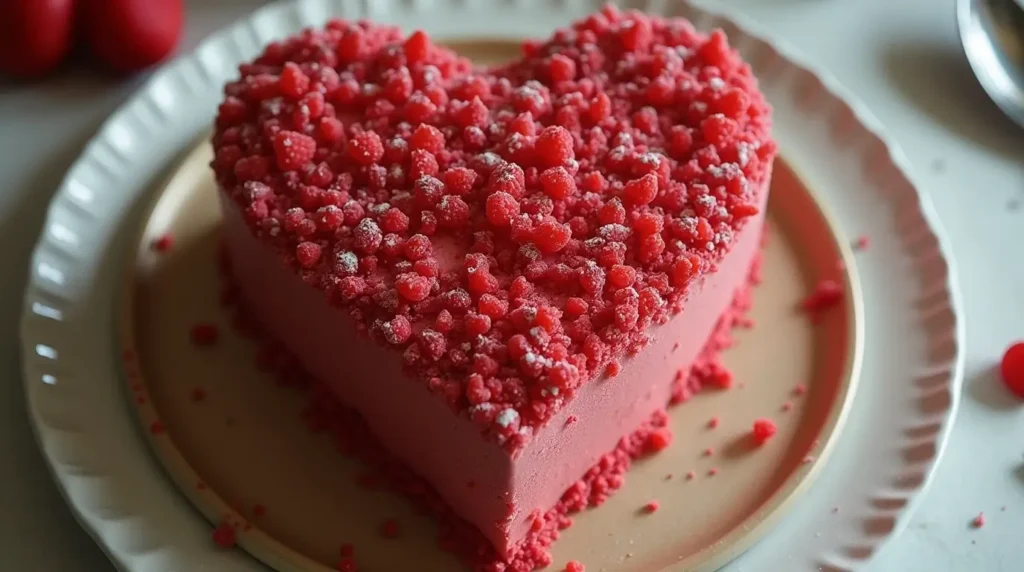 A beautifully frosted heart shaped cake on a white cake stand.