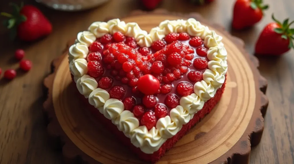 A beautifully frosted heart shaped cake on a white cake stand.