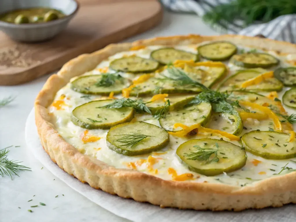 Homemade pickle pie pizza with flaky crust, cream cheese base, layered dill pickles and cheddar, topped with fresh dill and pickle reduction"