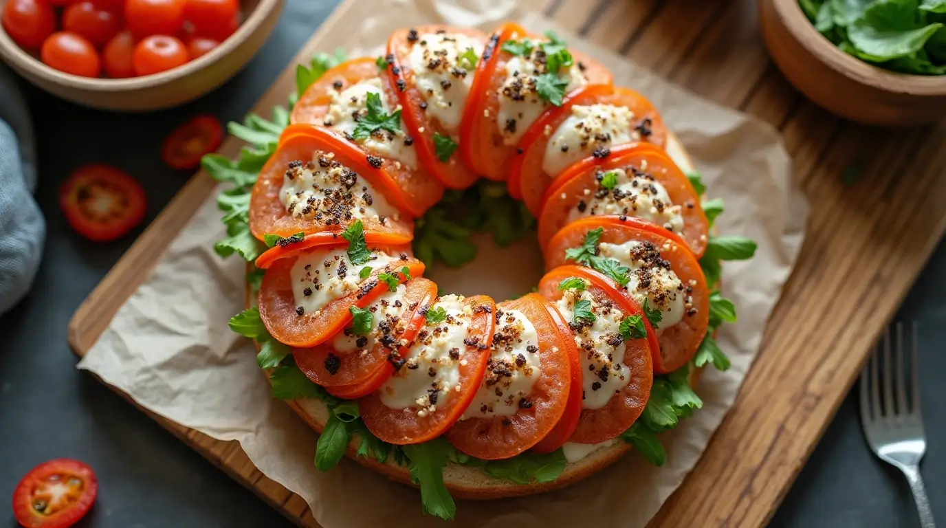 Fresh lox bagel on a wooden board.