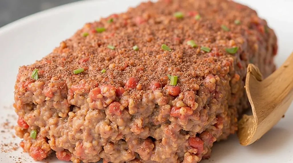 Prepared meatloaf seasoned with herbs and spices.