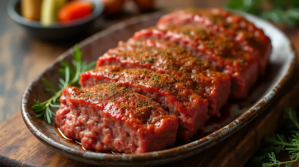 Prepared meatloaf seasoned with herbs and spices.