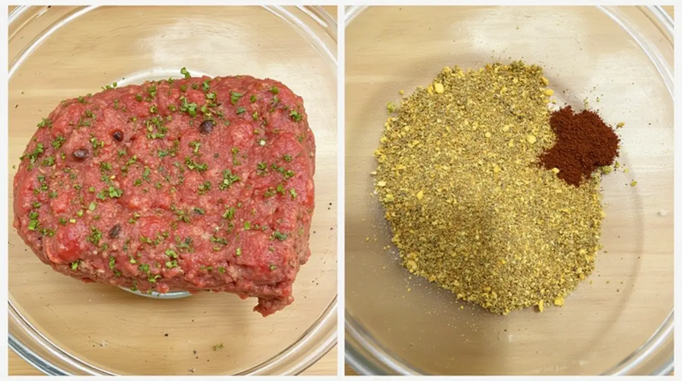 Prepared meatloaf seasoned with herbs and spices.