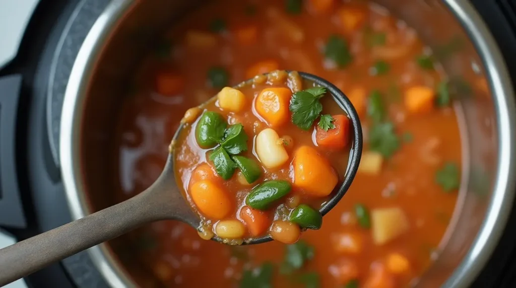 Olena real food instant pot vegetable soup close up in a bowl.