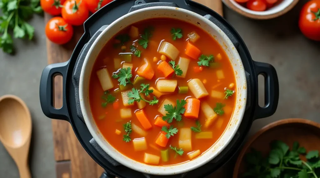 Olena real food instant pot vegetable soup close up in a bowl.