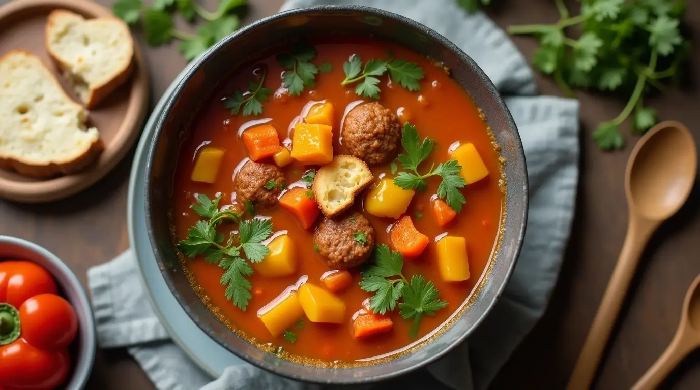 Olena real food instant pot vegetable soup close up in a bowl.