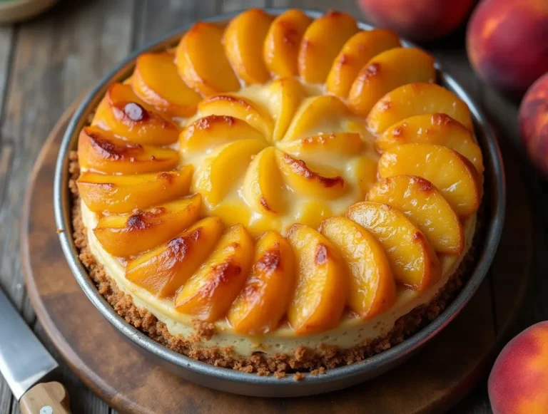 Amazing Peach Cobbler Cheesecake: A Must-Try Dessert! 5 A slice of freshly baked peach cobbler cheesecake on a plate.