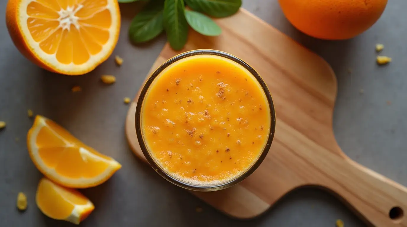 Pulp smoothie in a glass with a straw.