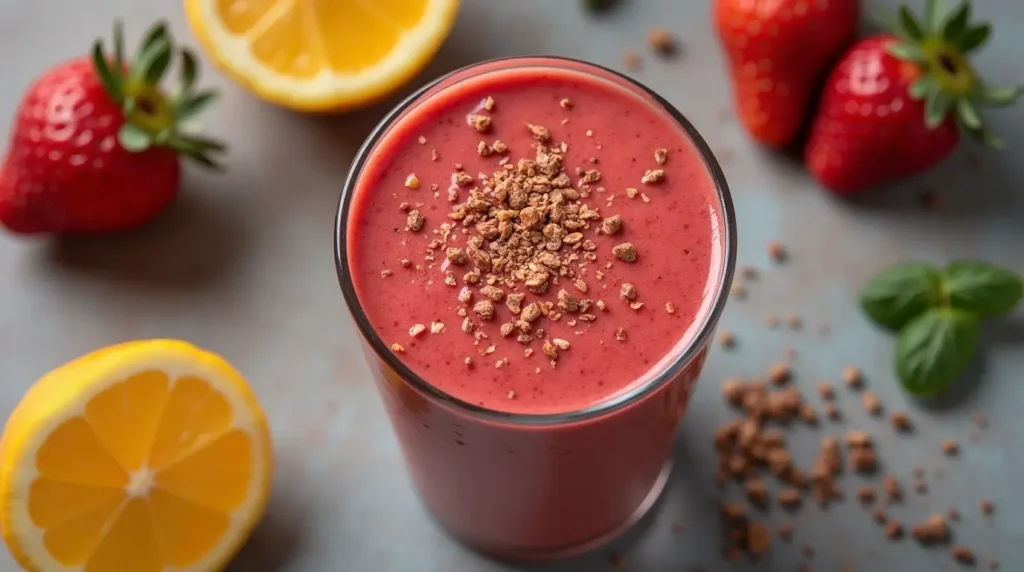 Pulp smoothie in a glass with a straw.