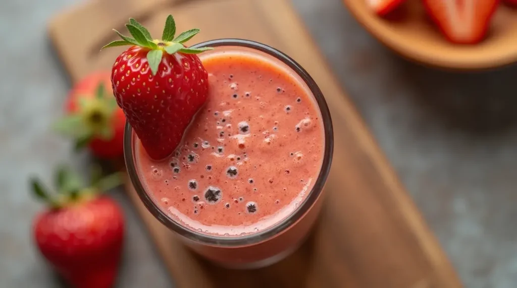 Pulp smoothie in a glass with a straw.