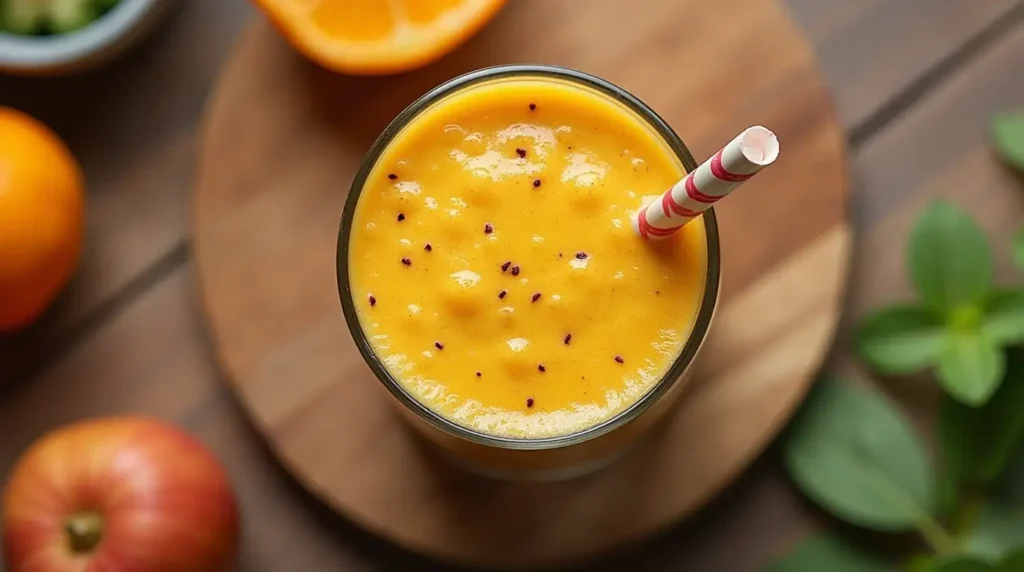 Pulp smoothie in a glass with a straw.